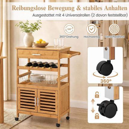 Chariot de cuisine en bambou avec armoire de rangement et casier à vin