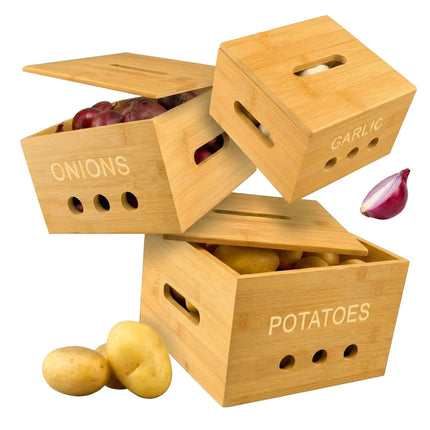 Ensemble de boîtes de rangement de cuisine en bambou – Pommes de terre, oignons, ail