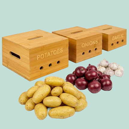 Ensemble de boîtes de rangement de cuisine en bambou – Pommes de terre, oignons, ail