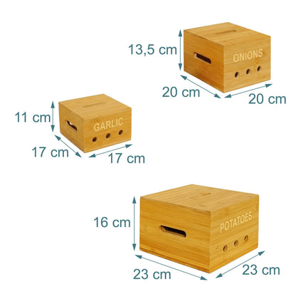 Ensemble de boîtes de rangement de cuisine en bambou – Pommes de terre, oignons, ail