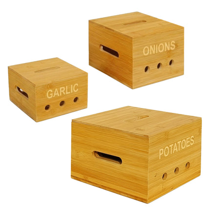Ensemble de boîtes de rangement de cuisine en bambou – Pommes de terre, oignons, ail