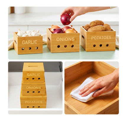 Ensemble de boîtes de rangement de cuisine en bambou – Pommes de terre, oignons, ail