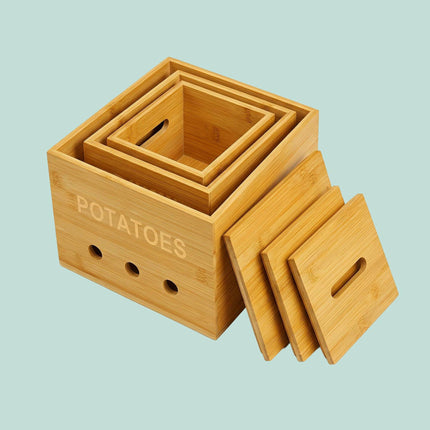 Ensemble de boîtes de rangement de cuisine en bambou – Pommes de terre, oignons, ail