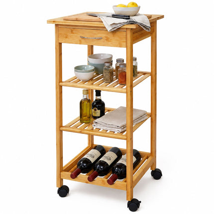 Bamboo Kitchen Trolley with Drawer and Wine Rack, 4 Shelves, 80 x 39 x 39 cm