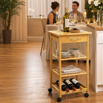 Bamboo Kitchen Trolley with Drawer and Wine Rack, 4 Shelves, 80 x 39 x 39 cm