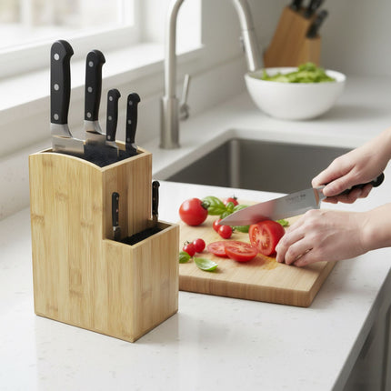 Bloc à couteaux en bambou, support à 2 niveaux avec insert à poils
