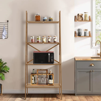 Étagère échelle en bambou avec système anti-basculement, 4 niveaux, 60 x 35,5 x 148 cm