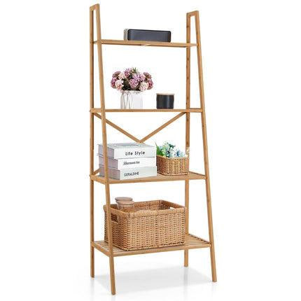Étagère échelle en bambou avec système anti-basculement, 4 niveaux, 60 x 35,5 x 148 cm