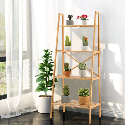 Étagère échelle en bambou avec système anti-basculement, 4 niveaux, 60 x 35,5 x 148 cm
