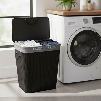 Panier à linge en bambou, panier à linge à 2 compartiments avec couvercle