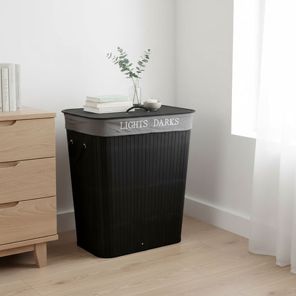 Panier à linge en bambou, panier à linge à 2 compartiments avec couvercle