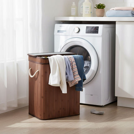 Panier à linge en bambou, 3 compartiments, pliable