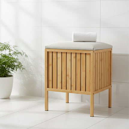 Panier à linge et siège en bambou avec couvercle rembourré
