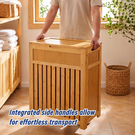 Bamboo Laundry Basket with Lid 80 L, Ventilated Slats, Natural