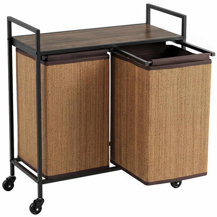 Bamboo Laundry Sorter 120 L with 2 Compartments and Shelf, Rolling, Brown