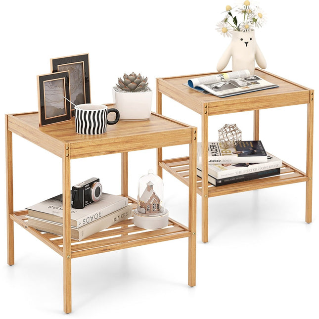 Ensemble de 2 tables de chevet en bambou, 2 niveaux, 40 x 40 x 45 cm