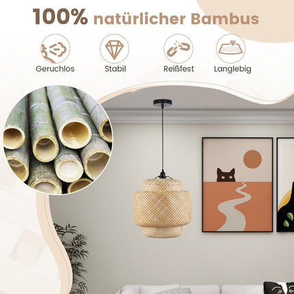 Bambus-Pendelleuchte, handgewebter Schirm, E27-Fassung, höhenverstellbar