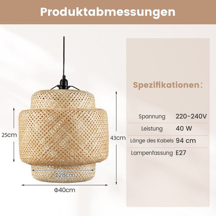 Bambus-Pendelleuchte, handgewebter Schirm, E27-Fassung, höhenverstellbar