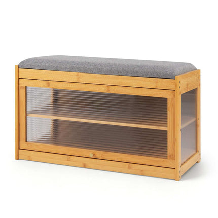 Banc à chaussures en bambou avec coussin, étagère à 2 niveaux, finition naturelle
