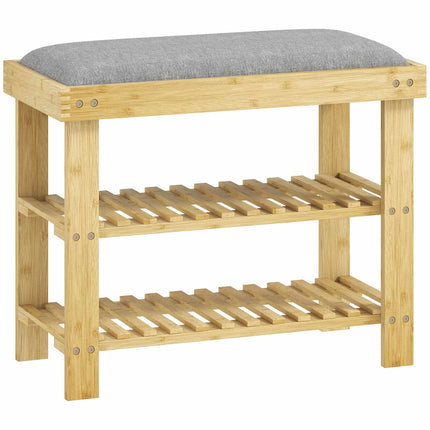 Bambus-Schuhbank mit Ablage, 2 Regalböden, 60x29x49 cm, Grau