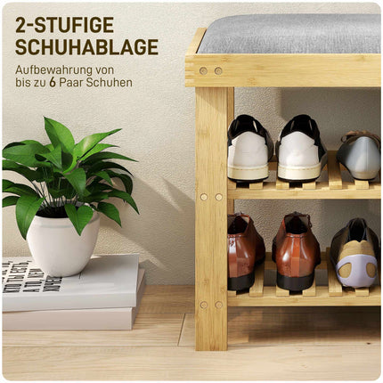 Bambus-Schuhbank mit Ablage, 2 Regalböden, 60x29x49 cm, Grau