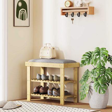 Bambus-Schuhbank mit Ablage, 2 Regalböden, 60x29x49 cm, Grau