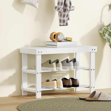 Banc à chaussures en bambou avec rangement, 2 étagères, 70 x 28 x 45 cm, blanc