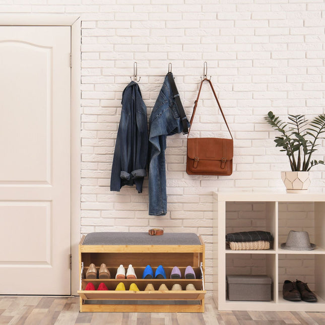 Banc de rangement à chaussures en bambou avec assise rembourrée, peut contenir 8 paires