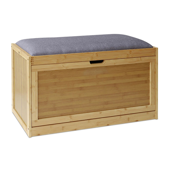 Banc de rangement à chaussures en bambou avec assise rembourrée, peut contenir 8 paires