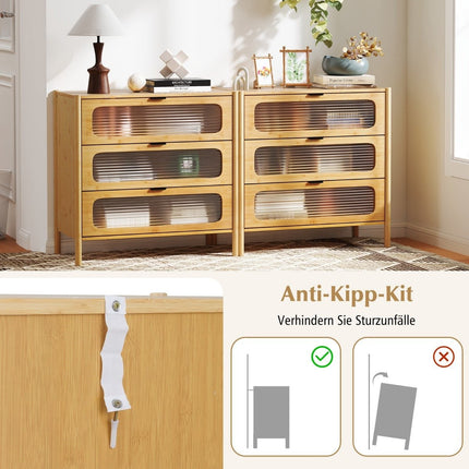 Bambus-Sideboard mit 3 Schubladen, Fronten aus gehärtetem Glas