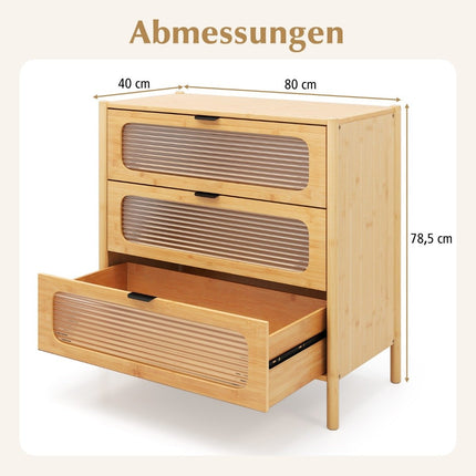 Bambus-Sideboard mit 3 Schubladen, Fronten aus gehärtetem Glas