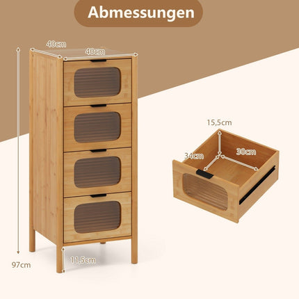 Buffet en bambou avec 4 tiroirs en verre, 40 x 40 x 97 cm