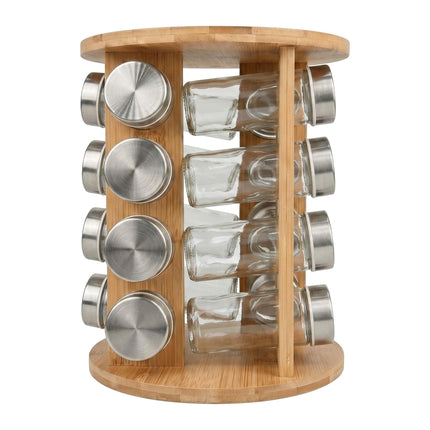 Bamboo Spice Carousel with 16 Glass Jars and Shaker Inserts, Rotating Base