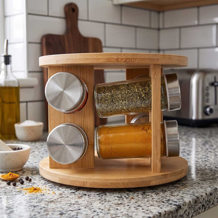 Bamboo Spice Carousel with 16 Glass Jars and Shaker Inserts, Rotating Base