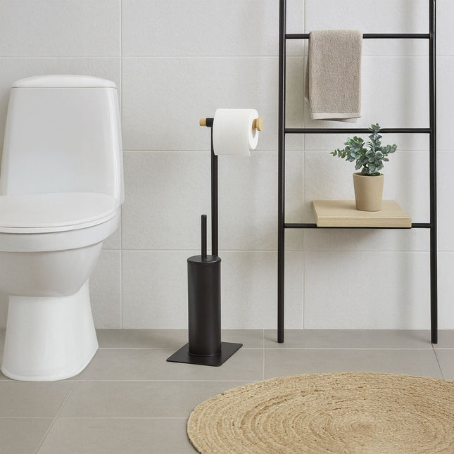 Ensemble brosse de toilette et porte-papier toilette en bambou et acier