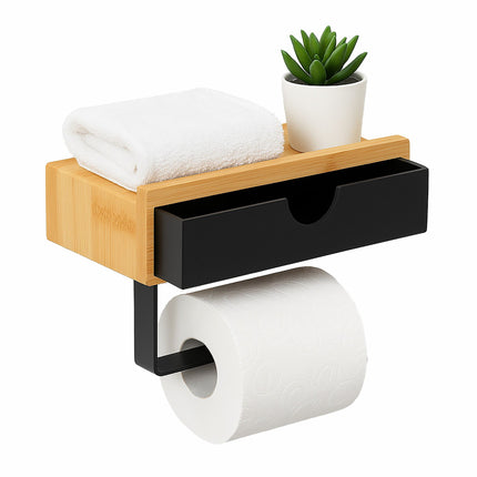 Porte-rouleau de papier toilette mural en bambou avec étagère