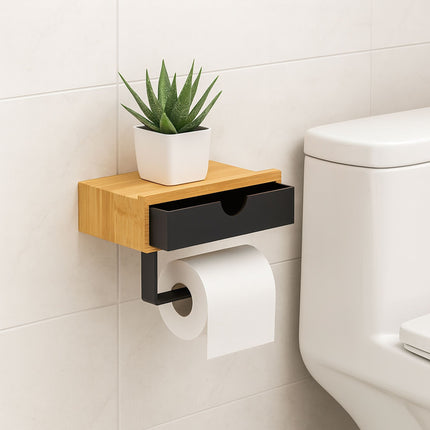 Porte-rouleau de papier toilette mural en bambou avec étagère