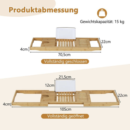 Bambus Badewannenbretter ausziehbare Badewannenablage mit verstellbarem Buchständer 70,5-105 x 22 x 4 cm Natur