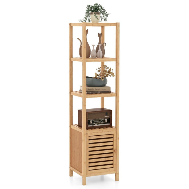 Etagère de salle de bain en bambou avec 4 niveaux d'étagères et porte à lattes 34 x 33 x 140 cm naturel