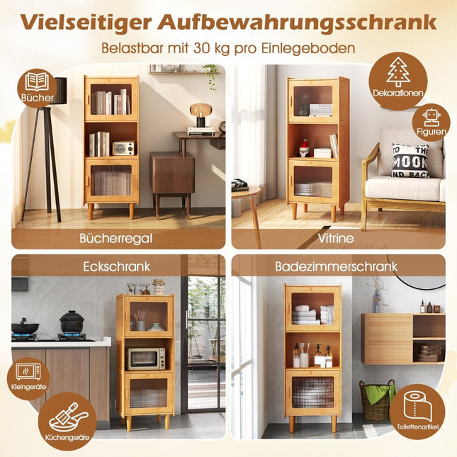 Bambus Küchenschrank 3-stöckiger Buffetschrank mit 2 Acryltüren Natur 49,5 x 40 x 130 cm