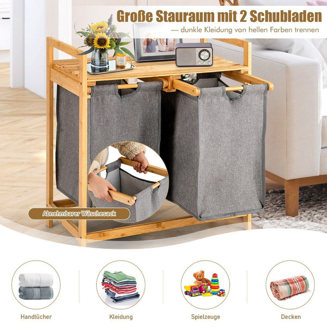 Bambus Wäschekorb mit zwei Fächern 2-teiliger Wäschekorb 64 x 33 x 73 cm Natur