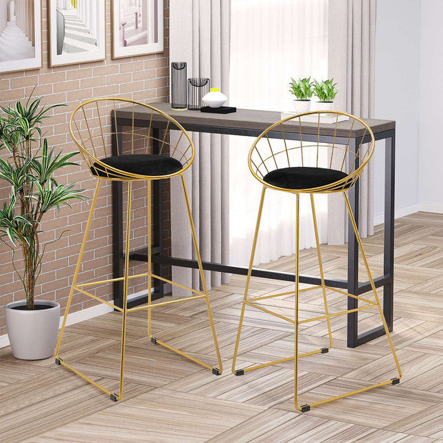 Samt-Barhocker-Set, Küchenhocker mit Rückenlehne, Gold/Schwarz
