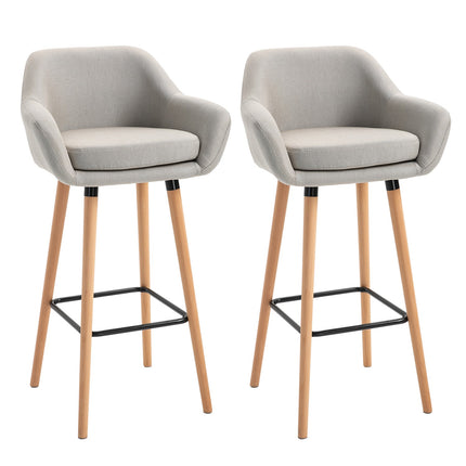 Barhocker 2er-Set, Leinenpolster, Beine aus Buchenholz, Beige