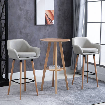 Barhocker 2er-Set, Leinenpolster, Beine aus Buchenholz, Beige