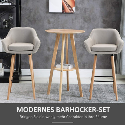 Barhocker 2er-Set, Leinenpolster, Beine aus Buchenholz, Beige