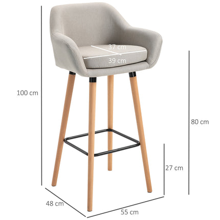 Barhocker 2er-Set, Leinenpolster, Beine aus Buchenholz, Beige