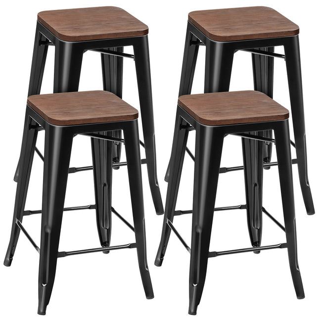 Ensemble de 4 tabourets de bar, assise en bois d'orme, pieds en fer, 66 cm