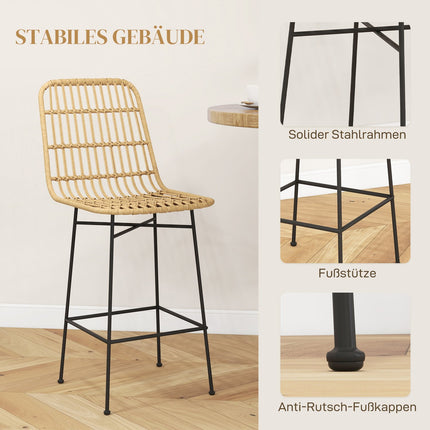 Barhocker 2er-Set, Boho Design, PE-Rattan, gelb