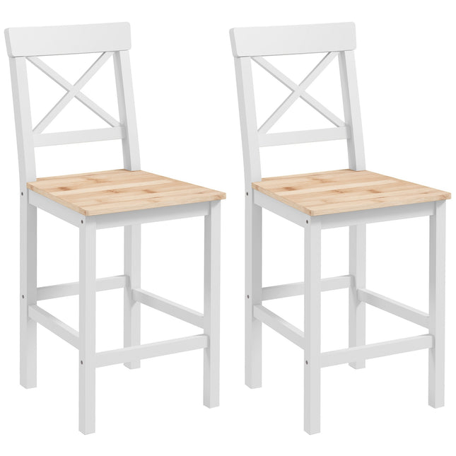 Ensemble de 2 tabourets de bar, en pin, avec dossier et repose-pieds.