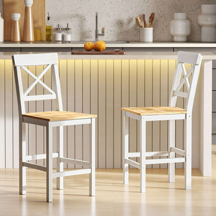 Ensemble de 2 tabourets de bar, en pin, avec dossier et repose-pieds.